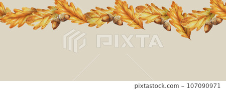 Watercolor seamless border with autumn oak leaves and acorns isolated. Thanksgiving, Halloween illustration for designers, scrapbooking. For designers, postcards, party Invitations, wrapping paper, Watercolor seamless border with autumn oak leaves and acorns isolated. Thanksgiving, Halloween illustration for designers, scrapbooking. For designers, postcards, party Invitations, wrapping paper, 107090971