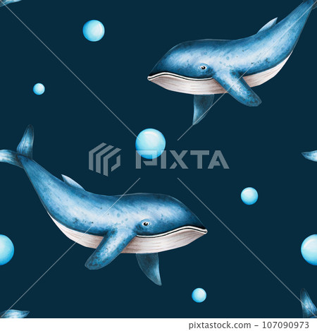 Watercolor seamless pattern with blue whales isolated on white background. Hand painting realistic Arctic and Antarctic ocean mammals. For designers, decoration, postcards, wrapping paper, 107090973