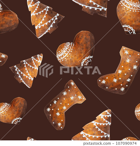 Watercolor Christmas seamless pattern with crispy gingerbread cookies with icing. New year hand painting isolated on white background. For designers, food decoration, menu, shop, for postcards, 107090974