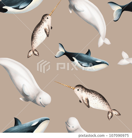Watercolor seamless pattern with beluga, killer whale and narwhal isolated on white background. Hand painting realistic Arctic and Antarctic ocean mammals. For designers, decoration, postcards, 107090975