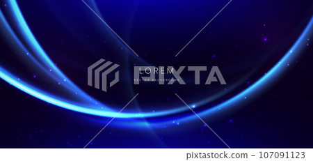 Abstract technology futuristic neon curved glowing blue light lines with speed motion blur effect on dark blue background. Abstract technology futuristic neon curved glowing blue light lines with speed motion blur effect on dark blue background. 107091123