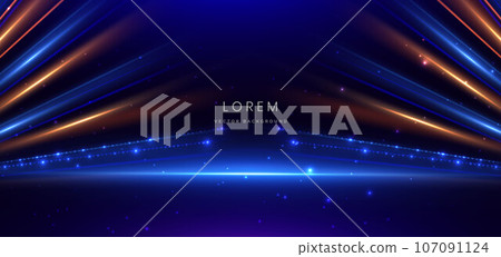Elegant blue stage background with blue dot neon line and lighting effect sparkle. Luxury template award design. Elegant blue stage background with blue dot neon line and lighting effect sparkle. Luxury template award design. 107091124