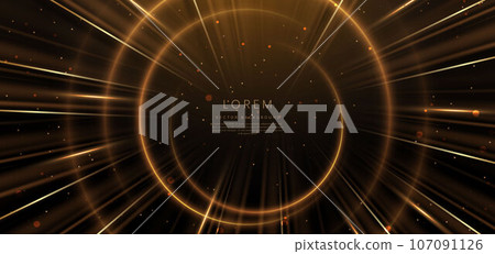 Abstract luxury golden circles lines overlapping on dark brown background with lighting effect and sprkle. 107091126