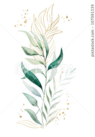 Bouquet made of green and golden watercolor eucalyptus leaves, wedding illustration 107091339
