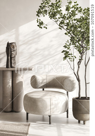 Boho beige livingroom with lounge chair, tree and sculpture background. Light modern japanese nature view. 3d rendering. High quality 3d illustration 107091519