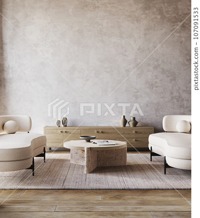 Boho beige livingroom interior design with sofa, cabinet and grey stucco wall background. Light modern japanese nature view. 3d rendering mock up. High quality 3d illustration Boho beige livingroom interior design with sofa, cabinet and grey stucco wall background. Light modern japanese nature view. 3d rendering mock up. High quality 3d illustration 107091533