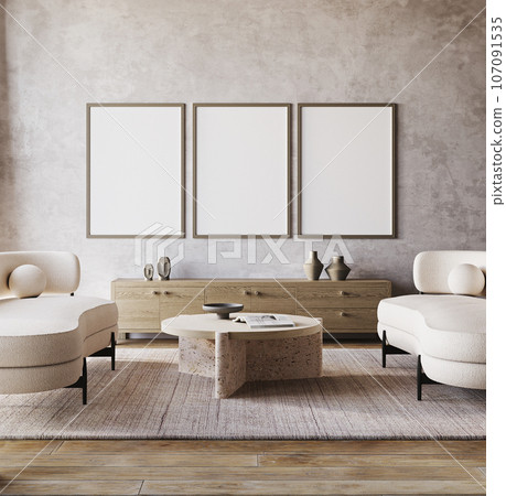 Boho beige livingroom interior design with 2 sofa, 3 picture frame and grey stucco wall background. Light modern japanese nature view. 3d rendering mock up. High quality 3d illustration 107091535