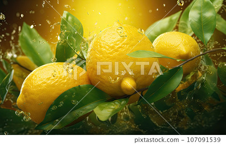 Splashing fresh citrus fruit concept. Created by AI Splashing fresh citrus fruit concept. Created by AI 107091539