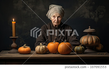 Elderly woman with a turban, surrounded by pumpkins. Created by AI 107091553