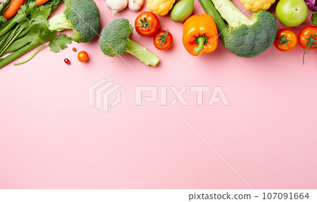 Top view vegetables on pink background. Created by AI tools 107091664