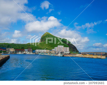 Cape Peshi with its white lighthouse, photographed from Oshidomari Port on Rishiri Island, a volcanic island floating in the Sea of Japan southwest of Wakkanai City, Hokkaido 107091681