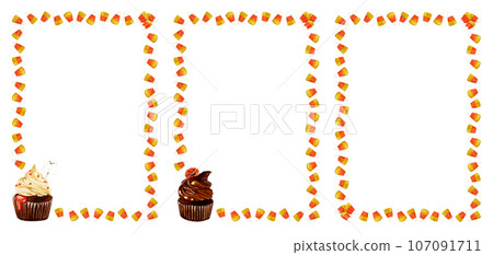 Hand drawn watercolor Halloween rectangular frames with cupcakes and candycorns. Decorative pre-made composition for cards, diplomas and invitations made by alcohol marker 107091711