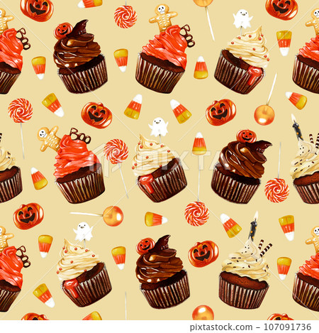 Watercolor Halloween seamless pattern illustration. Funny Halloween print with lollypops, candy corn, cakes and pumpkin on beige background. Creepy 31 of October holiday wallpaper. Watercolor Halloween seamless pattern illustration. Funny Halloween print with lollypops, candy corn, cakes and pumpkin on beige background. Creepy 31 of October holiday wallpaper. 107091736