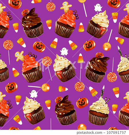 Watercolor Halloween seamless pattern illustration. Funny Halloween print with lollypops, candy corn, cakes and pumpkin on violet background. Creepy 31 of October holiday wallpaper. 107091737
