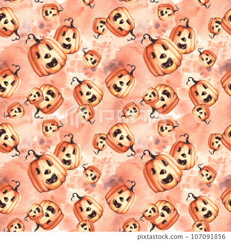 Smiling pumpkins with halloween face, eyes, nose, stem Watercolor seamless pattern. Isolated on white background with aquarelle stains.for your design, wrapping paper, holiday party,textile, wallpaper Smiling pumpkins with halloween face, eyes, nose, stem Watercolor seamless pattern. Isolated on white background with aquarelle stains.for your design, wrapping paper, holiday party,textile, wallpaper 107091856