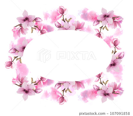 Floral frame with watercolor pink magnolias bough flowers and buds. Hand painted illustration on white background with pink watercolor stains. Design for wedding invitations and greeting cards Floral frame with watercolor pink magnolias bough flowers and buds. Hand painted illustration on white background with pink watercolor stains. Design for wedding invitations and greeting cards 107091858