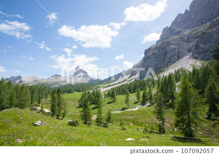 Dolomites range landscape. Summer mountain panorama Dolomites range landscape. Summer mountain panorama 107092057
