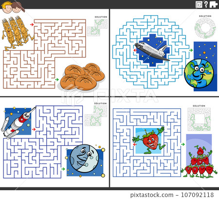 maze activities set with funny cartoon characters 107092118