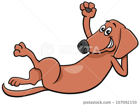 cartoon brown dog character lying down and waving paw cartoon brown dog character lying down and waving paw 107092150