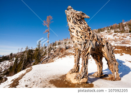 Wooden sculpture of a wolf. Italian landmark Wooden sculpture of a wolf. Italian landmark 107092205