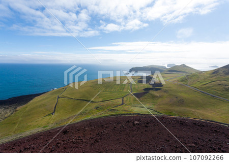 Vestmannaeyjar island beach day view, Iceland landscape. 107092266