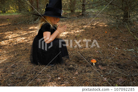 A girl in a witch costume and a black hat collects fly agarics in the forest to make a potion. Magic, Halloween. A girl in a witch costume and a black hat collects fly agarics in the forest to make a potion. Magic, Halloween. 107092285