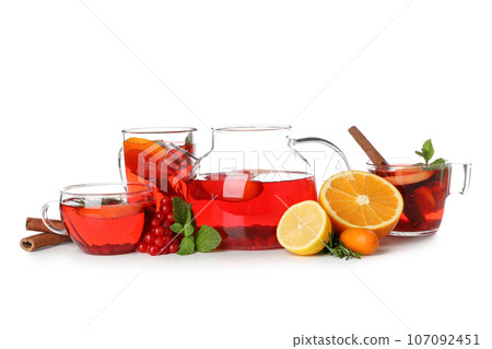 Concept of hot drink - berry and fruit tea, isolated on white background Concept of hot drink - berry and fruit tea, isolated on white background 107092451