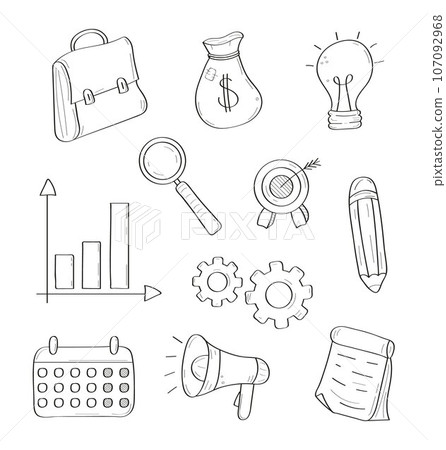 Business, stationery doodle vector set. Sketch icons briefcase, pen, megaphone, scheme. Files folders, magnifier business signs in outline style. Business, stationery doodle vector set. Sketch icons briefcase, pen, megaphone, scheme. Files folders, magnifier business signs in outline style. 107092968