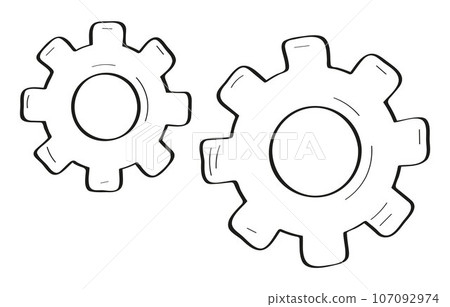 Gears wheel doodle icon vector. Round wheel metal symbol company for business teamwork concept. 107092974