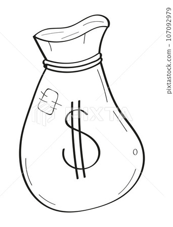 Bag with money in doodle style. Office doodles hand drawn icons. Financial crisis icon in line style. Wallet without money. Broken wallet icon for logo, web, app, UI. 107092979