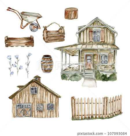 Watercolor illustration of an old country wooden house and farm elements. Hand drawn illustration perfect for wedding invitation, greetings card, posters. 107093084