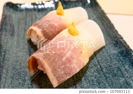 Sushi “Whale Bacon Nigiri” in Japan Sushi “Whale Bacon Nigiri” in Japan 107093113