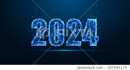 Abstract 2024 Happy New Year digital banner background. Futuristic glowing polygonal style on blue 107093174