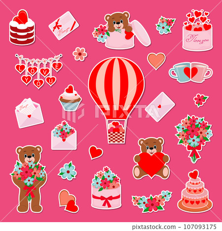 Vector illustration Set of Valentine's Day illustrations in flat cartoon design. Cute stickers and pictures symbolizing Valentine's Day. 107093175