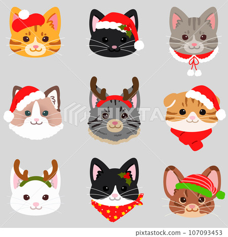 Simple and cute Christmas cat face illustration set, no main line 107093453