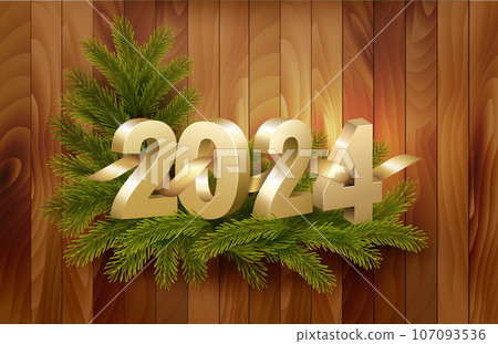 Merry Christmas and Happy New Year 2024. Golden 3D numbers with gold ribbons, branch of christmas tree on a wooden background. Vector 107093536