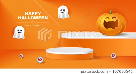 Happy Halloween 3d Vector. magic elements. Pumpkins, ghost. illustration in flat cartoon style. Happy Halloween 3d Vector. magic elements. Pumpkins, ghost. illustration in flat cartoon style. 107093545