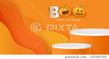 Happy Halloween 3d Vector. magic elements. Pumpkins, ghost. illustration in flat cartoon style. Happy Halloween 3d Vector. magic elements. Pumpkins, ghost. illustration in flat cartoon style. 107093548