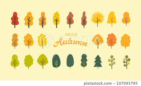 Collection of various autumn trees and leaves in flat design	 107093795