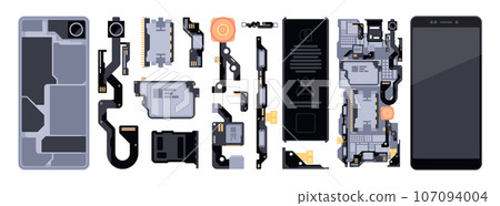 Phone disassembly parts. Smart phone open and closed, mobile device with camera and memory elements, electronic device service. Vector set 107094004