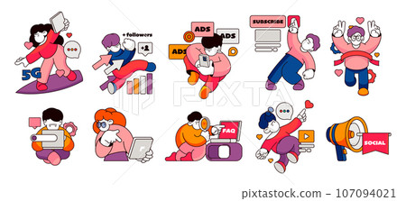Social media concept. Web site template with modern characters on internet, business internet strategy with online promotion. Vector illustration Social media concept. Web site template with modern characters on internet, business internet strategy with online promotion. Vector illustration 107094021