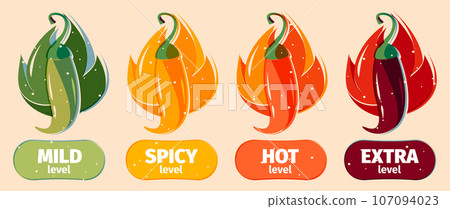 Hot sauce level. Chili pepper rating scale, capsaicin indicator asian cuisine food, spicy ketchup restaurant indicator. Vector colorful set Hot sauce level. Chili pepper rating scale, capsaicin indicator asian cuisine food, spicy ketchup restaurant indicator. Vector colorful set 107094023