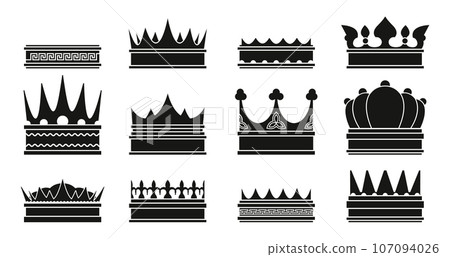 Black king crown. Medieval nobleman ranking emblem silhouette, luxury monarchy insignia, success and victory award. Vector isolated set Black king crown. Medieval nobleman ranking emblem silhouette, luxury monarchy insignia, success and victory award. Vector isolated set 107094026