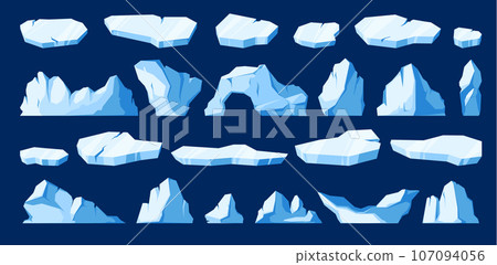 Floating ice. Cartoon frozen glacier and arctic ice mountain pieces, white glacier block with frosty surface and icy corners. Vector isolated set 107094056