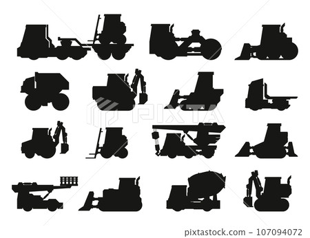 Industrial vehicles silhouettes. Heavy construction machinery flat style, transport construction equipment hydraulic bulldozer excavator loader. Vector isolated collection 107094072