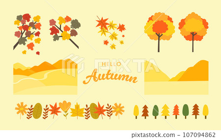 Autumn element set with trees, leaves, mountains, and flowers	 107094862