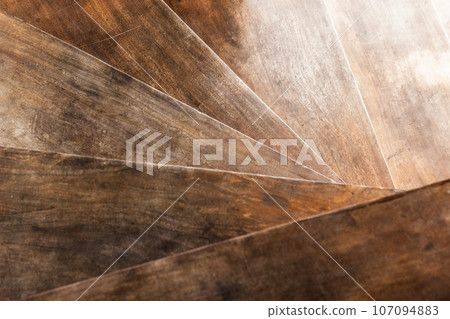 Abstract wooden interior background. Empty wooden stairs, top view 107094883