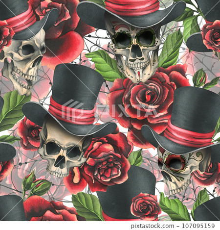 Human skull in a top hat with red roses and cobwebs. Hand drawn watercolor illustration for Halloween, day of the dead, Dia de los muertos. Seamless pattern on white background 107095159