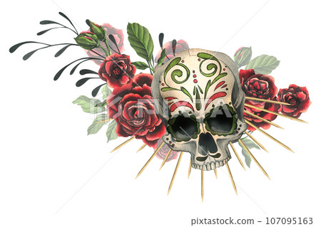 Human skull with an ornament, red roses in a golden crown. Hand drawn watercolor illustration for Halloween, day of the dead, Dia de los muertos. Isolated composition on a white background. Human skull with an ornament, red roses in a golden crown. Hand drawn watercolor illustration for Halloween, day of the dead, Dia de los muertos. Isolated composition on a white background. 107095163