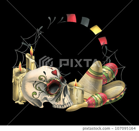 Ornamented human skull with a sombrero hat, maracas, candles, garland flags and cobwebs. Hand drawn watercolor illustration for day of the dead, halloween, Dia de los muertos. Circle frame, wreath. Ornamented human skull with a sombrero hat, maracas, candles, garland flags and cobwebs. Hand drawn watercolor illustration for day of the dead, halloween, Dia de los muertos. Circle frame, wreath. 107095164
